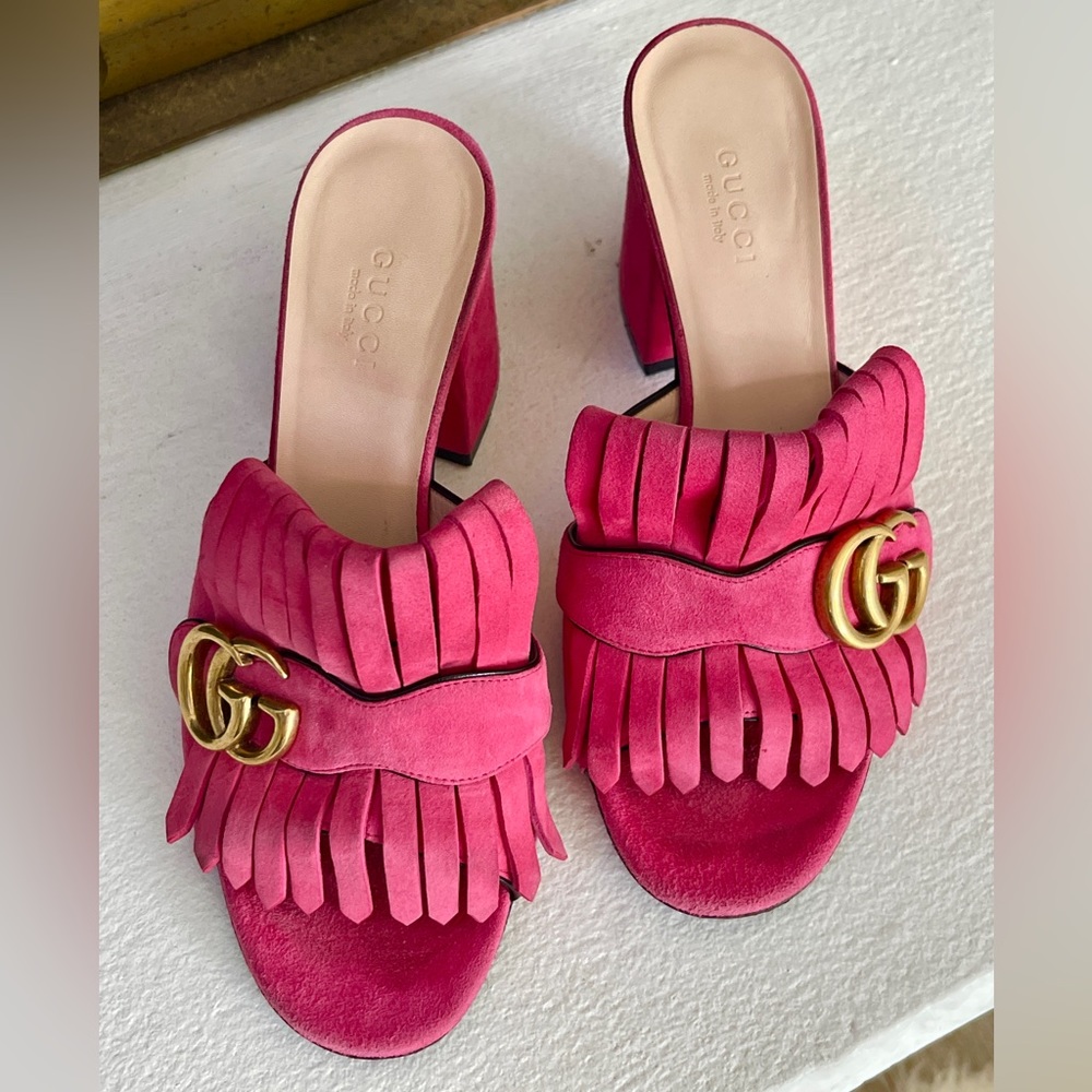 Gucci Hot Pink Suede Fringe Double G Block Heel Mules - Picture 5 of 16